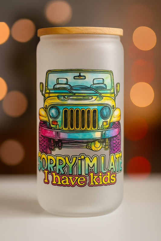 ⨠Sorry Iām Late, I Have Kids ā Funny Glass Cup | 16oz Iced Coffee Cup with Lid & Straw